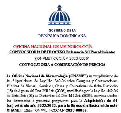 CONVOCATORIA DE PROCESO Referencia del Procedimiento: ( ONAMET-CCC-CP-2023-0005)